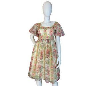1960s Handmade Floral Chiffon Dress Velvet Detail Empire Waist Vintage